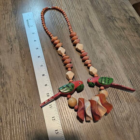 Vintage Wood Parrot Necklace 13" Brown Red Beaded Chunky Birds Retro Indie Boho - Picture 8 of 9